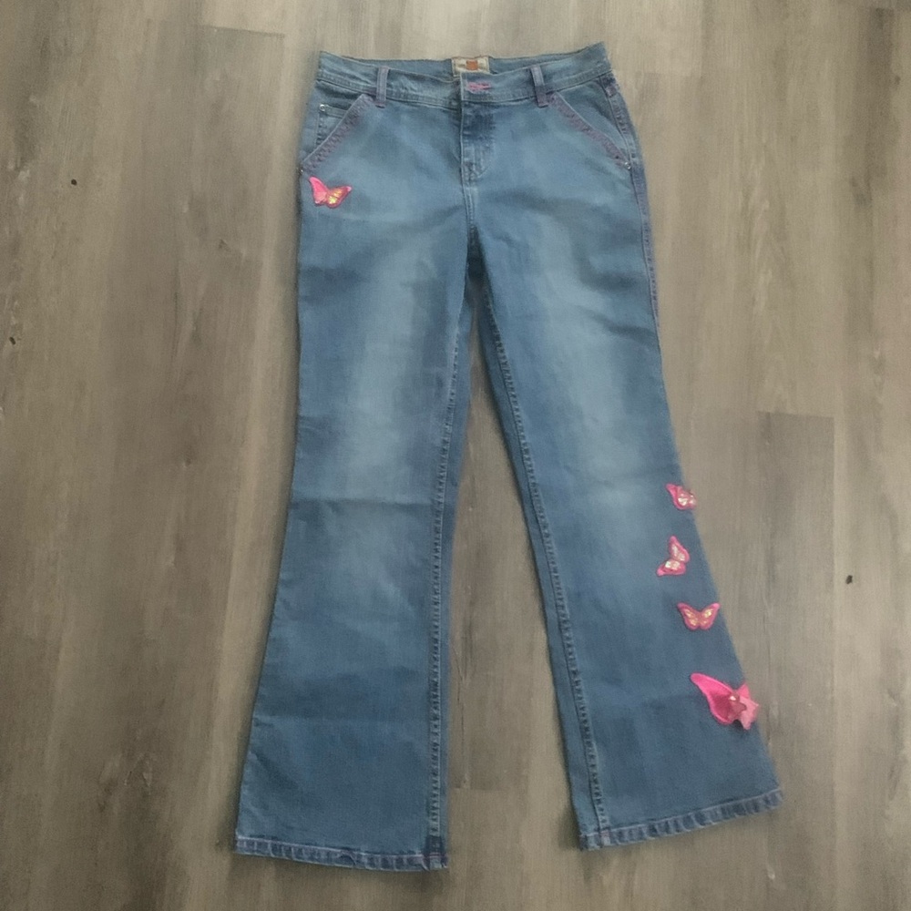 Pink Butterfly Embroidered Blue Jeans